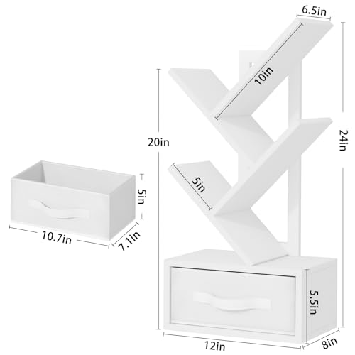 SHEEPAM Small Bookshelf with Drawer,4 Tier Tree Book Shelf,Wood Desk Bookshelves,Modern Free Standing Desktop Display Shelves,White Floor Standing Organizer Bookcase for Living Room,Bedroom,Office — view 3
