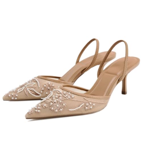 Kluolandi Women's Embroidered Slingback Kitten Heels with Pearls Breathable Mesh Pointed Toe Pumps Low Heel Slip On Dress Shoes