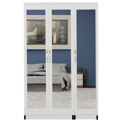 3-Door Mirrored Wardrobe – Ready Assembled Bedroom Storage with Shelves & Hanging Rails – Modern Full-Length Mirrored Wardrobe - 9 Colors Available (White)