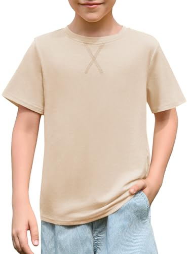 Haloumoning Boys' T-Shirt Short Sleeve Crew Neck Tops Kids Summer Plain Lightweight Top Regular Fit Sports T-Shirts Casual Basic Tees with Chest Pocket 5-14 Years, Beige, 9-10 Years