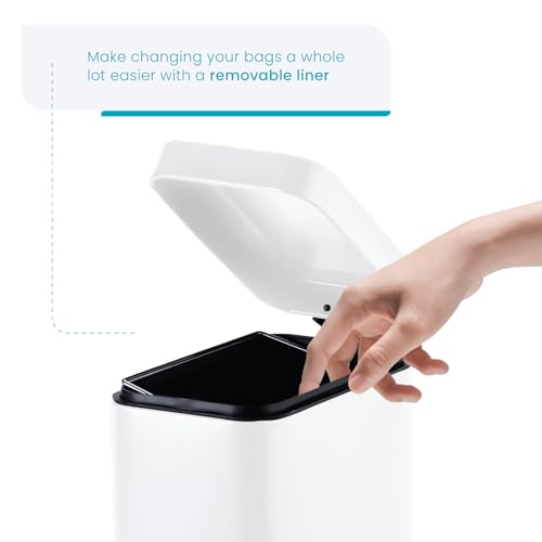 Home Zone Living 1.3 Gallon Small Bathroom Trash Can with Lid and Step Pedal, Stainless Steel Wastebasket with Slim Design for Home and Office, Matte White, 5 Liters