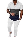 UOUA Mens Sweat Suits Set Tracksuit 2 Piece Outfits Short Sleeve Casual Sweatshirt & Loose Jogging Pants Polo Track Suit Loungewear Athletic Sweatsuit Grey White XL