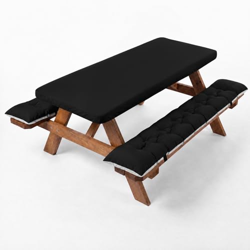 3 Pcs Picnic Bench Cushions with Table Cover Set Outdoor Waterproof Picnic Table Seat Cushion with Straps Buckles 72x10x3 in Elastic Fitted Tablecloths 6ft Rectangle Folding Easy to Carry(Black)