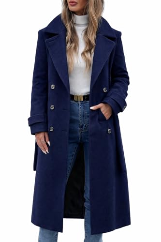 ORANDESIGNE Wollmantel Damen Lang Winterjacke Klassischem Revers Trenchcoat Zweireiher Elegant Langer Mantel A Dunkelblau S