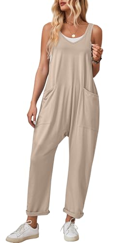 KEOYA Summer Overalls with Pockets Casual Sleeveless Jumpsuits for Women Loose Romper Khaki Medium
