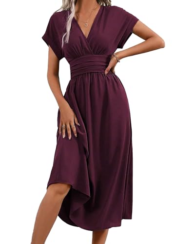 QUNERY Robe Longue Femme Ete Elégante Robes de Plage Manches Courtes V Taille Haute Unie Maxi...