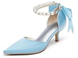 Coutgo Womens Pearl Ankle Strap Pumps Low Kitten Heel D'Orsay Satin Back Tieknot Heels Pointed Toe Wedding Party Dress Shoes