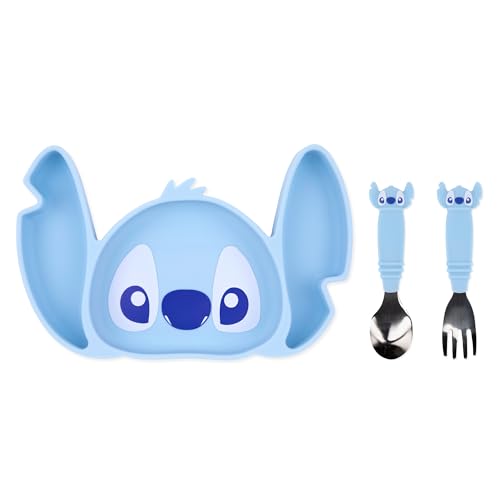 Image of Bumkins Disney Stitch - Silicone Grip Dish, Fork & Spoon - For Ages 18 Months+ - Suction Base - 100% Food-Safe Silicone - Freezer, & Dishwasher Safe