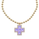 IZZY RELIC Collar Mujer con Cruz Iridiscente y Cuentas Doradas, Colgante Brillante de Bisutería, Ajustable (Cruz Lila Iridiscente/Cuentas Doradas)