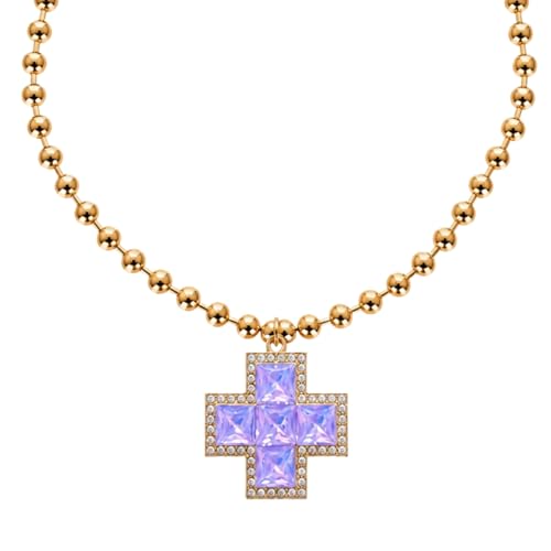 Collier femme avec croix irisée de qualité supérieure et délicates perles dorées