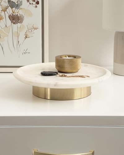 Kate and Laurel Sevienne Modern Glam Round Marble Tray, 10 Inch Diameter, White and Gold, Contemporary Scooped Pedestal Tray for Use as Entryway Tray Catchall or Small Coffee Table Tray - Image 4