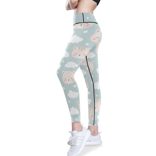 Calça feminina de ioga com estampa de gatos com nuvens fofas com céu azul levanta bumbum tamanho PP,