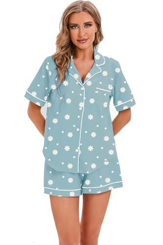 Image of LUBOT 100% Cotton Pajamas for Women 2 Piece PJ Set Button-Down Soft Knit Short Sleeve Summer Sleepwear Loungewear XS-XXL