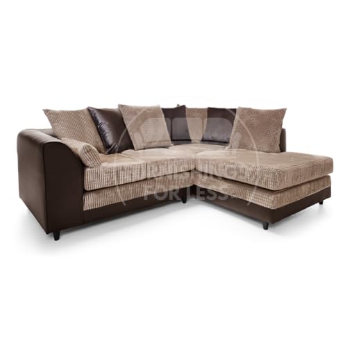 Furnishings For Less UK New Luca 4 Seater Corner Sofa L Shaped Black and Grey Fabric Cord + Leather Trim (Right Hand Facing, Brown and Beige)