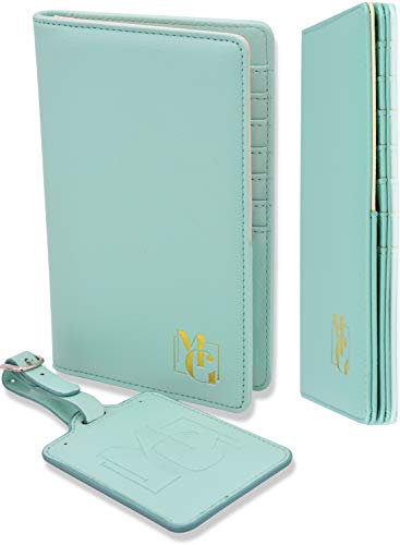Passport Holder for Women - Passport Wallet RFID Blocking and Luggage Tag Set for Travel - Elegant Gift Box - Sky Green
