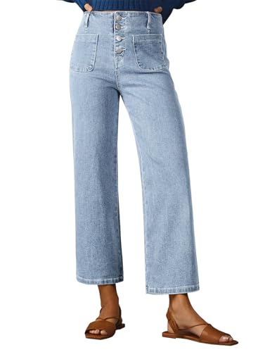 Sidefeel Women's Wide Leg Jeans High Waisted Stretchy Zimbaplatinum Straight Leg Jeans Buttoned Loose Denim Pants with Pocket Light Blue Size 10