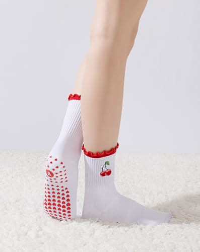 Image of Yawlsow Cute Pilates Grip Socks for Women Ruffle Frilly Yoga Socks Non Slip Cotton Crew Grippy Sock for Barre Workout