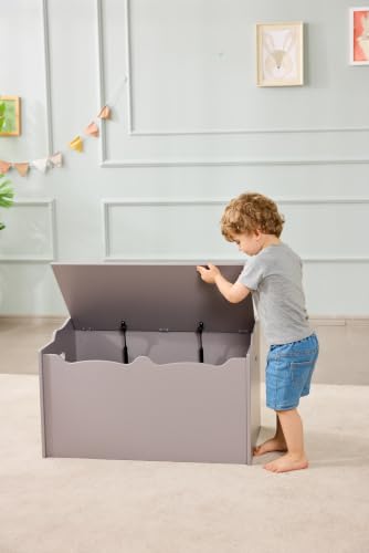 Image of Amazon Basics Kids Wooden Toy Storage Chest with Safety Lid, Spacious Organizer for Bedroom, Gray, 30 inch x 18 inch x 19 inch