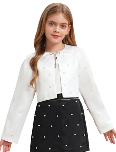Girls Bolero Cardigan Kids Long Sleeve Satin Open Front Faux Pearls Shrug Cropped Cover Up Jacket Tops