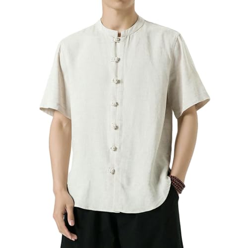 Chemise style chinois pour homme en coton et lin à manches courtes