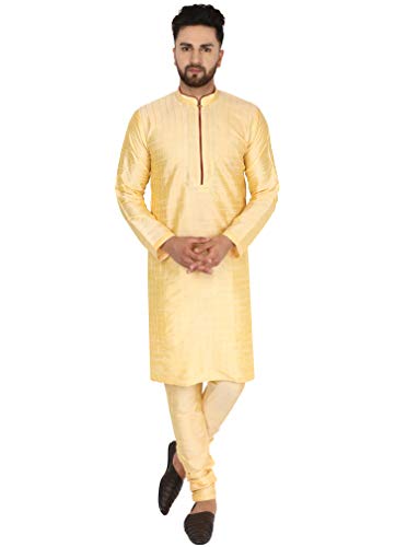 Image of SKAVIJ Men's Art Silk Thread Work Kurta Set Woven Design Festive Embroidered Ethnic Dress (KP028beige Beige L)