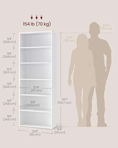 VASAGLE CUSTOS Collection - Bookshelf, 6-Tier Bookcase, Book Shelf, Open Storage Shelf, 9.4 x 23.6 x 63.3 Inches, for Living Room, Home Office, Dinning Room, Cloud White ULBC166T14