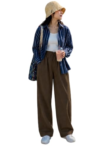 Image of CHICSTIT Women Cotton Wide Leg Trousers | Elastic Waist High Rise Palazzo Pants | Loose Fit /Straight Fit Casual Lounge Pants with Pockets