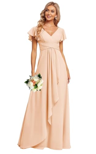 long peach dress with sleeves Amazon.com: INEWER Elegant Flutter Sleeve Empire Waist Bridesmaid Dresses for Wedding Pink Pleated V Neck Formal Pockets US Size 6 : Clothing, Shoes & Jewelry Floral detailing Black Tulle V-neckline Lace Color:Dark_Olive_Green thumbnails:mens-desperado