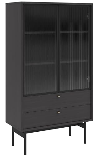 Selsey Vitrine Glas Vitrinenschrank Glasvitrine Wohnzimmer Glastür Niedrig 85 cm 2 Schubladen 3 Fächer Portland Esche Olar