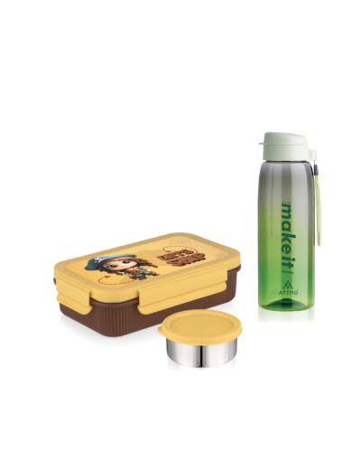 Image of ATTRO Prime Treat Time Lunch Box with Sipstar Water Bottle, School Tiffin Combo-Green Yellow