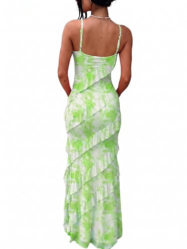 Image of HOCILLE Women's Sexy V Neck Backless Bodycon Spaghetti Strap Elegant Ruffle Maxi Cocktail Party Dresses