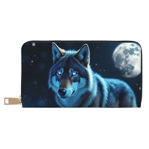 Wallet Women - Cool Blue Wolf-M Print Leather Wallet for Women with Zipper, Cute Bifold Long Ladies Wallets