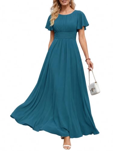 Image of Ever-Pretty Women's Spring Elegant Round Neck Short Sleeve Chiffon Empire Waist Floor Length Formal Dresses Bridesmaid Dress
