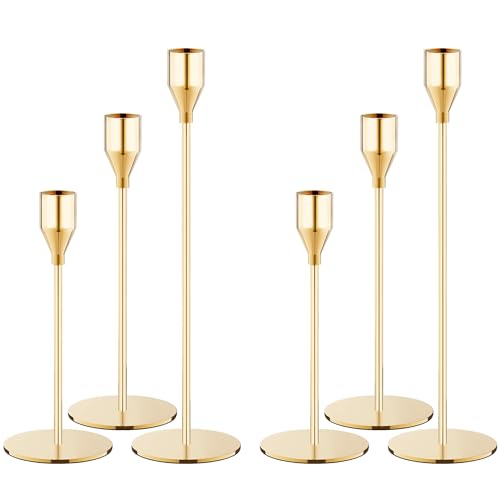 NLBTW Gold Taper Candle Holders Set of 6, Metal Candlestick Holders for Table or Mantel Decor Centerpiece, Candle Stick Holder Decor for Wedding, Dinning, Party or Anniversary