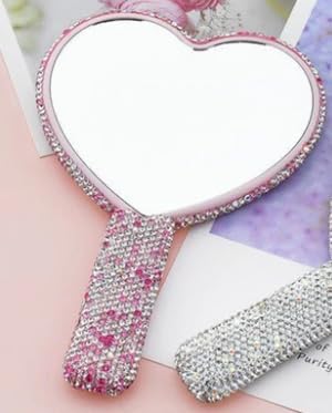 Set of 2 Handheld Handbag Mirrors - Pink Heart & Silver Square Rhinestone Encrusted, Durable Glass & Acrylic, Compact for Travel - Glamorous Beauty Accessory for Daily Use Home or Out image 5