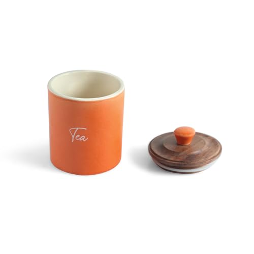 Image of ExclusiveLane 'London Diary' Airtight Ceramic Jars For Kitchen Storage With Wooden Lid Ceramic Containers For Pickle Cookies Sugar Dry Fruits (Set of 3, Airtight, 330 ml, 13.5 Cm, Orange & Brown)