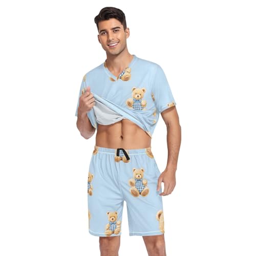 Men's Pajama Set Cute Teddy Bears Short Sleeve with Shorts Pockets Sleepwear Set Summer Loungewear3