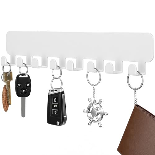 pickpiff White Key Holder for Wall Adhesive, Key Hooks with 8 Hooks Wall Mounted, Black Key Hangers for Wall Decor No Drill for Living Room, Kitchen, Office