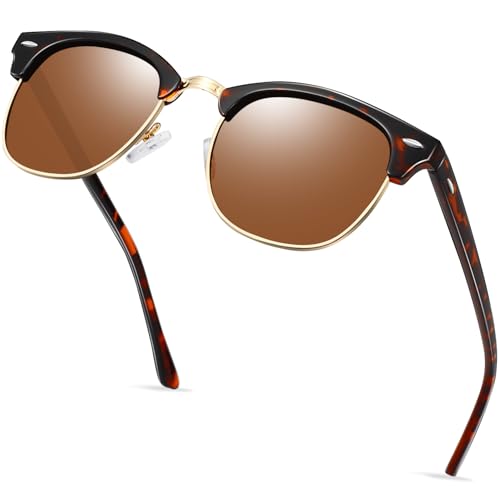 KANASTAL Halbrahmen Sonnenbrille Herren und Damen Klassische Retro Polarisiert Halbrand Sonnenbrille UV400 Schutz mit Metallrahmen, Leopard Gold Rahmen Braun Gläser