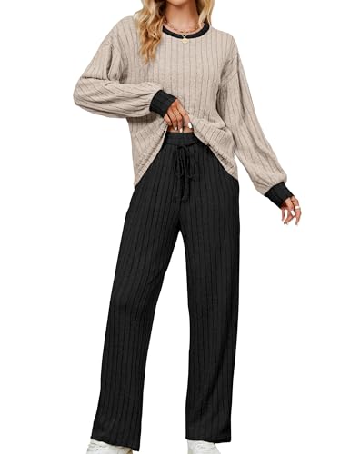 Image of Blooming Jelly Women Ribbed Long Sleeve Pajama Sets Fall Loungewear Pockets