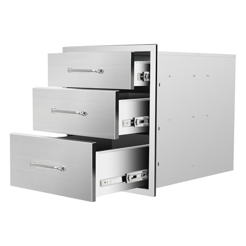Image of Outdoor Kitchen Drawers 18 inch W x 21 inch H x 23 inch D Flush Mount Triple BBQ Drawers with Chrome Handle Stainless Steel Drawer for Outdoor Kitchen Island, Patio Grill Station