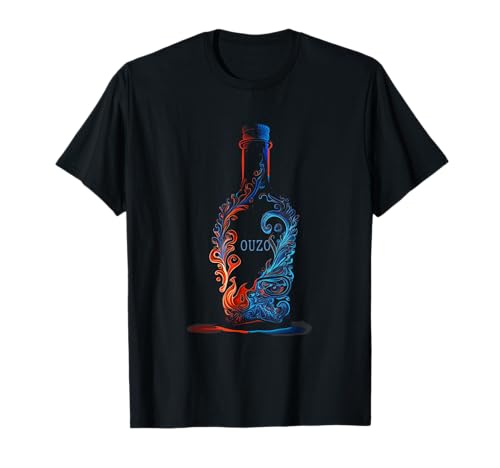 Funny Greece Ouzo Shot Bottle Party T-Shirt, Black, Unisex, Small, Short Sleeve, Modern, Casual, All Seasons, Ouzo Bottle Flames Blue Red Greek Liquor Alcohol Motif