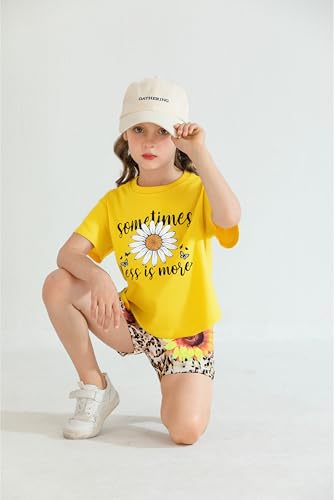 Image of Girls Summer Outfits Floral Print Shirt Yellow Short Sleeve Top and Biker Shorts Kids Clothing Sets 5-14 Years