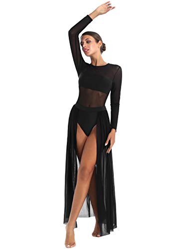 JEATHA Women\'s Shiny Sequins Lyrical Modern Contemporary Dance Dress Costume Long Flowy Slit Skirts Black Long Sleeves Medium