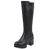 Plattformhöhe: 3 CM Onewus Damen Plateau Langschaft Stiefel mit Blockabsatz Runde Zehe (Black, 45 EU)