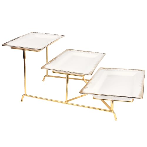 LIUYWYHCF 3-Tier Serving Rack with Ceramic Serving Tray, Foldable Gold Stand with 3 Pieces 10.2