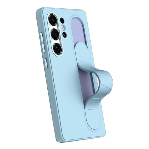Coque Samsung S26 Ultra en silicone liquide bleu avec support intégré et dragonne de protection