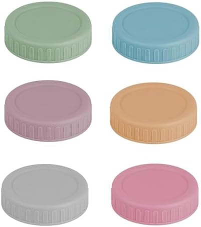 6 PCS Mason Jar Lids,with Silicone Grommets,Leak Proof Food Grade Storage Cap,Anti-Scratch Resistant Surface,Fit Regular Mouth 70mm(Yellow+Purple+Green+Grey+Blue+Pink)