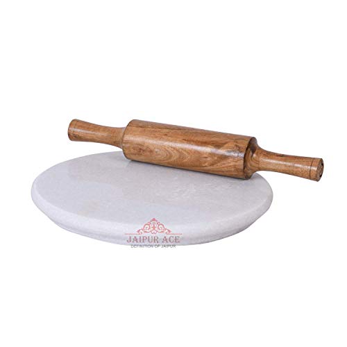 Jaipur Ace Indian White Marble Roti Maker with Wooden Belan | 10 Inch Diameter | White Marble Chakla & Rolling Pin Set.
