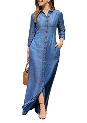 ORANDESIGNE Damen V-Ausschnitt Jeanskleider Denimkleid Sommerkleid Lose Kurzarm Partykleid Tunika Hemd Blusenkleid Jeanskleid Maxi Kleid J Blau 42